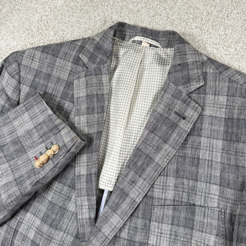 JKT New York Sport Coat Mens 44R Grey Plaid‎ 100% Linen Bond 141-359-425 Blazer